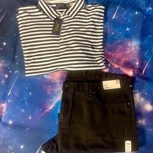 Black Uniglo Straight Men Jeans and Striped Polo short sleeve shirt (Bundle)